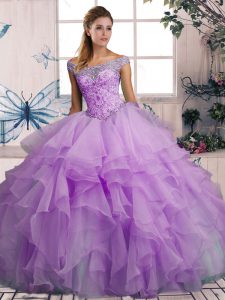 Lavender Ball Gowns Organza Off The Shoulder Sleeveless Beading and Ruffles Floor Length Lace Up Ball Gown Prom Dress