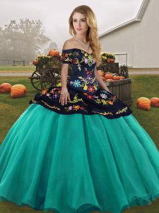 Turquoise Ball Gowns Tulle Off The Shoulder Sleeveless Embroidery Floor Length Lace Up Ball Gown Prom Dress