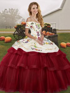 Glorious Wine Red Lace Up Off The Shoulder Embroidery and Ruffled Layers Quince Ball Gowns Tulle Sleeveless Brush Train