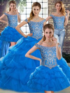 Lovely Blue Off The Shoulder Lace Up Beading and Pick Ups Sweet 16 Quinceanera Dress Brush Train Sleeveless