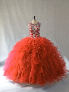 Scoop Sleeveless Tulle 15 Quinceanera Dress Beading and Ruffles Lace Up