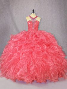 Coral Red Quinceanera Dress Quinceanera with Beading and Ruffles Scoop Sleeveless Zipper