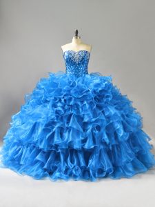 Organza Sweetheart Sleeveless Lace Up Beading and Ruffles and Sequins Vestidos de Quinceanera in Blue