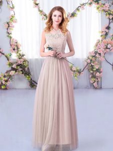 Graceful Pink Empire Scoop Sleeveless Tulle Floor Length Side Zipper Lace and Belt Vestidos de Damas