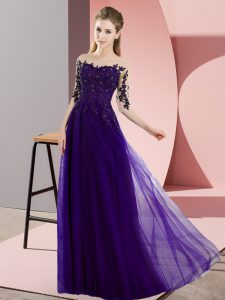 Glittering Bateau Half Sleeves Lace Up Quinceanera Court of Honor Dress Purple Chiffon