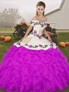 Unique Purple Ball Gowns Off The Shoulder Sleeveless Organza Floor Length Lace Up Embroidery and Ruffles Quinceanera Dress