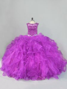 Gorgeous Purple Lace Up 15th Birthday Dress Beading and Ruffles Sleeveless Floor Length