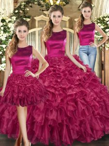 Fuchsia Quinceanera Dress Military Ball and Sweet 16 and Quinceanera with Ruffles Scoop Sleeveless Lace Up