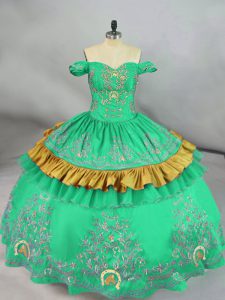 Vintage Turquoise Ball Gowns Satin Off The Shoulder Sleeveless Embroidery Floor Length Zipper 15th Birthday Dress