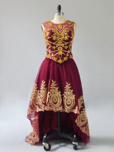 Burgundy Scoop Lace Up Beading and Appliques Evening Wear Sleeveless