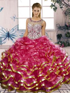 Luxury Fuchsia Ball Gowns Organza Scoop Sleeveless Beading and Ruffles Floor Length Lace Up Sweet 16 Dress