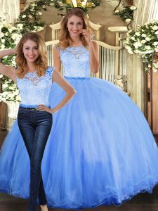 Fantastic Tulle Scoop Sleeveless Clasp Handle Lace Sweet 16 Dresses in Blue