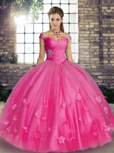 Tulle Off The Shoulder Sleeveless Lace Up Beading and Appliques Sweet 16 Dresses in Rose Pink