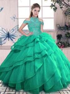 High Class Floor Length Turquoise Sweet 16 Quinceanera Dress High-neck Sleeveless Lace Up