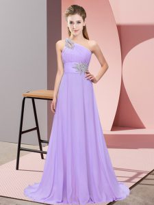 Elegant Empire Prom Party Dress Lavender One Shoulder Chiffon Sleeveless Floor Length Lace Up