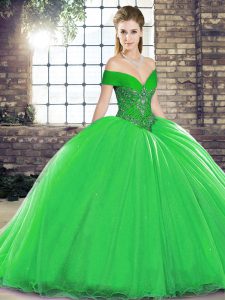 Brush Train Ball Gowns Sweet 16 Dress Green Off The Shoulder Organza Sleeveless Lace Up