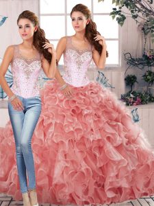 Amazing Watermelon Red Sleeveless Beading and Ruffles Floor Length 15th Birthday Dress