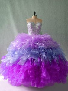 Sleeveless Floor Length Beading and Ruffles Lace Up Vestidos de Quinceanera with Multi-color