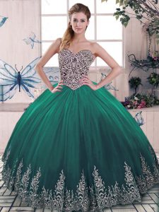 Green Ball Gowns Beading and Embroidery 15 Quinceanera Dress Lace Up Tulle Sleeveless