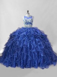 Designer Beading and Ruffles Quinceanera Gowns Blue Zipper Sleeveless Brush Train