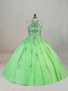 Classical Sleeveless Appliques and Embroidery Lace Up Quince Ball Gowns with Brush Train