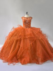 Sleeveless Ruffles Lace Up Quinceanera Gowns with Rust Red Brush Train
