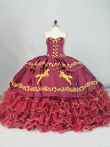 Fantastic Burgundy Lace Up Sweetheart Embroidery and Ruffled Layers Sweet 16 Dress Satin and Organza Sleeveless Brush Train