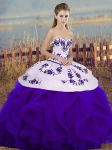 Pretty White And Purple Ball Gowns Sweetheart Sleeveless Tulle Floor Length Lace Up Embroidery and Ruffles and Bowknot Vestidos de Quinceanera
