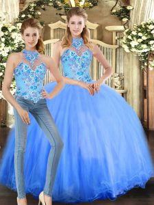 Blue Tulle Lace Up Halter Top Sleeveless Floor Length Quinceanera Dress Embroidery