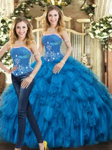 Luxurious Two Pieces Quinceanera Dresses Blue Strapless Tulle Sleeveless Floor Length Lace Up
