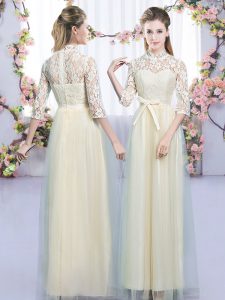 Beauteous Champagne Tulle Zipper High-neck Half Sleeves Floor Length Court Dresses for Sweet 16 Lace and Bowknot