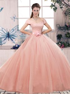 Artistic Pink Off The Shoulder Neckline Lace and Hand Made Flower Quince Ball Gowns Short Sleeves Lace Up