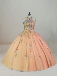 Peach Halter Top Lace Up Appliques and Embroidery Vestidos de Quinceanera Brush Train Sleeveless
