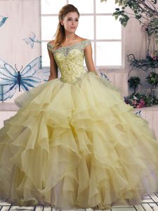 Yellow Lace Up Quinceanera Gown Beading and Ruffles Sleeveless Floor Length