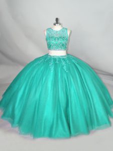 Ideal Floor Length Turquoise 15 Quinceanera Dress Scoop Sleeveless Zipper