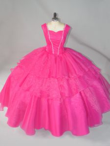 High Quality Hot Pink Straps Lace Up Beading Quinceanera Gowns Sleeveless