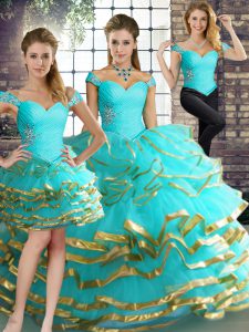 Fancy Aqua Blue Tulle Lace Up Vestidos de Quinceanera Sleeveless Floor Length Beading and Ruffled Layers