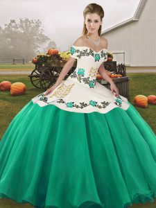 Sleeveless Organza Floor Length Lace Up Quinceanera Gowns in Turquoise with Embroidery
