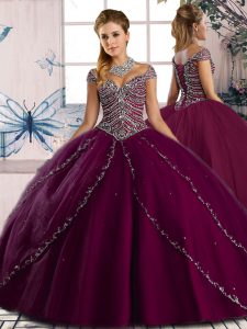 Sweetheart Cap Sleeves Vestidos de Quinceanera Brush Train Beading Purple Tulle