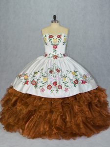 Brown Lace Up Sweetheart Embroidery and Ruffles Quinceanera Gown Organza Sleeveless