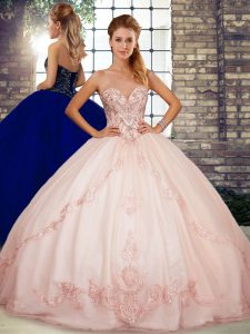 Pink Tulle Lace Up Sweetheart Sleeveless Floor Length Quinceanera Gown Beading and Embroidery