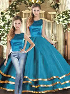 High End Teal Sleeveless Tulle Lace Up Quinceanera Gown for Military Ball and Sweet 16 and Quinceanera
