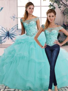 Aqua Blue Lace Up Off The Shoulder Beading and Ruffles Ball Gown Prom Dress Tulle Sleeveless