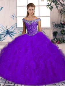 Exquisite Purple Lace Up Sweet 16 Dresses Beading and Ruffles Sleeveless Brush Train