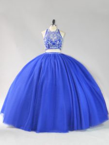 Royal Blue Halter Top Neckline Beading Ball Gown Prom Dress Sleeveless Backless