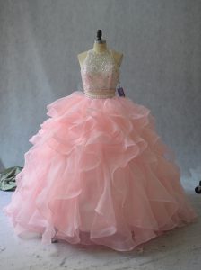 Halter Top Sleeveless Backless Quinceanera Gowns Peach Organza