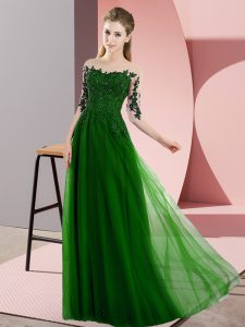 Sexy Bateau Half Sleeves Lace Up Dama Dress for Quinceanera Green Chiffon