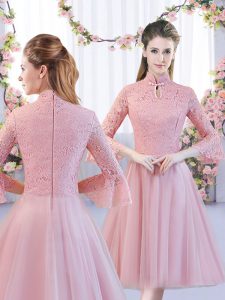 Suitable Pink 3 4 Length Sleeve Tea Length Lace Zipper Dama Dress