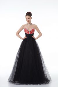 Black Tulle Zipper Sweetheart Sleeveless Floor Length Prom Dresses Beading