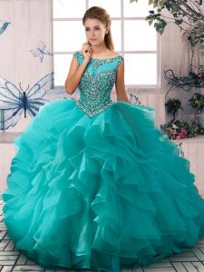 Sleeveless Floor Length Beading and Ruffles Zipper Quinceanera Dress with Aqua Blue